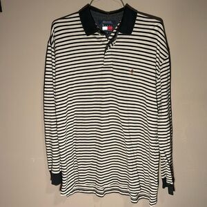 ✅TOMMY HILFIGER Vintage Designer Long Sleeved Striped Polo Rugby Shirt 💯 Cotton